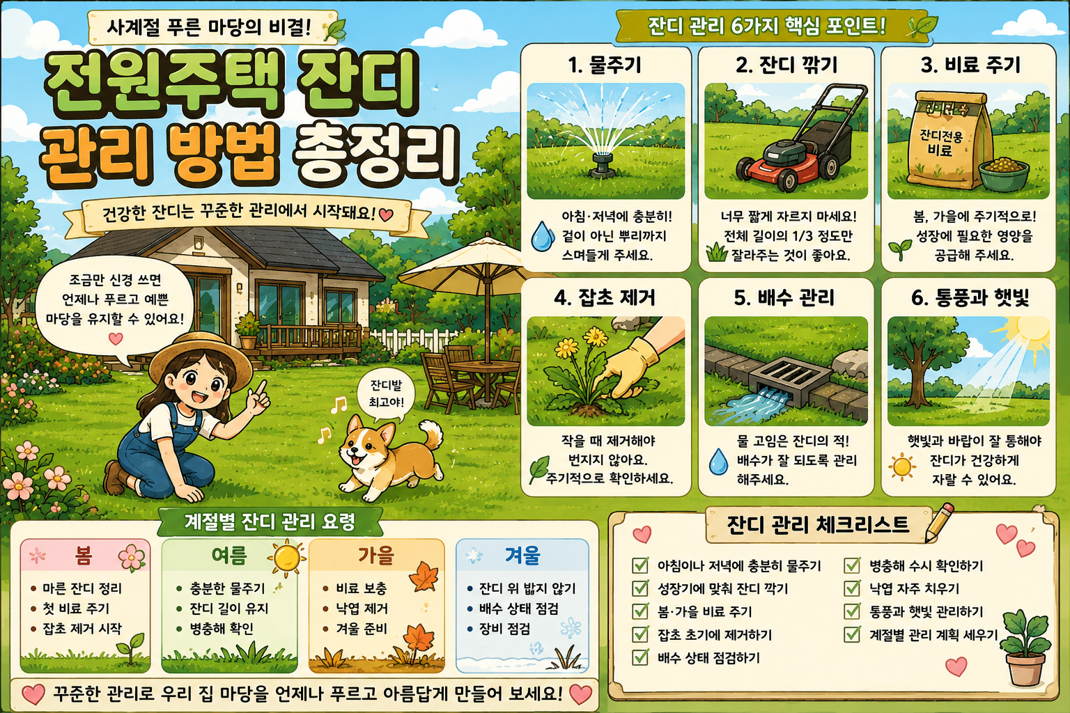 잔디 마당 관리 (잔디 깎기, 잡초 제거, 복토·배수)