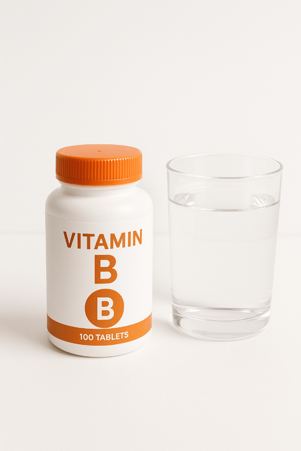 비타민B 보충제와 물컵이 놓인 테이블