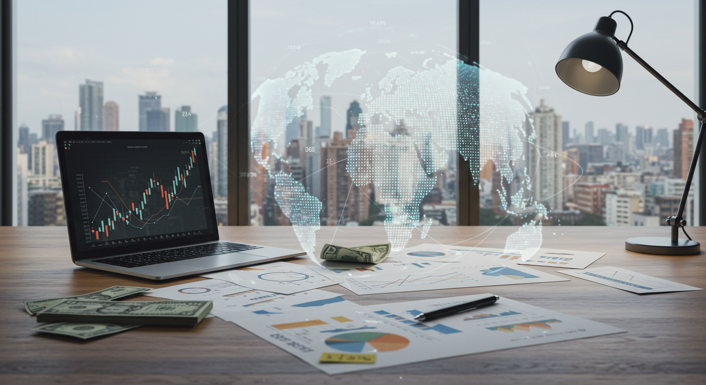 금융 사무실 책상 위의 포트폴리오 자산배분 그래프