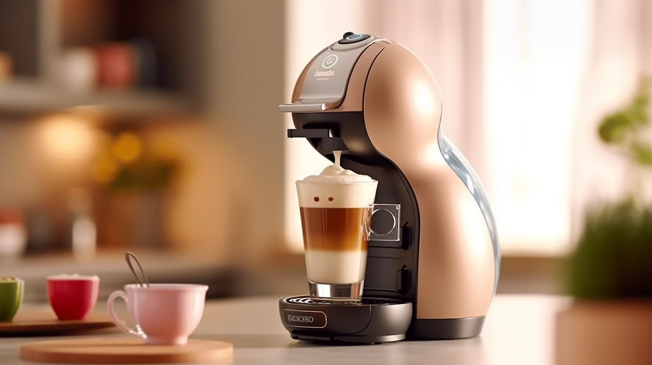 주방 조리대에 있는 Dolce Gusto 커피 머신 3대: Genio, Drop, Espresso