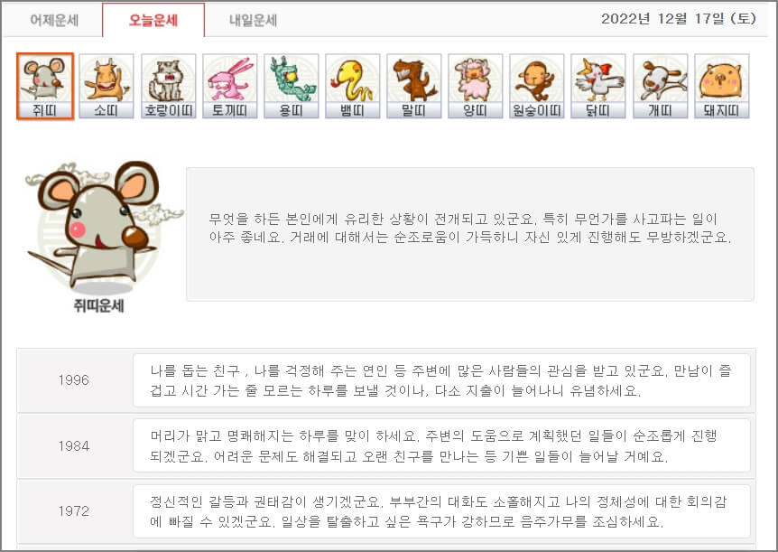 네이트 띠별 운세 결과