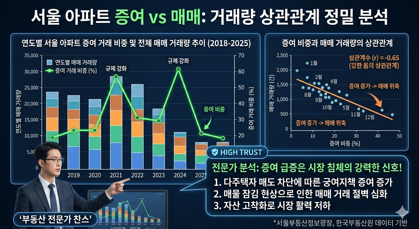서울 아파트 증여 거래 비중과 매매 거래량 상관관계 분석 데이터