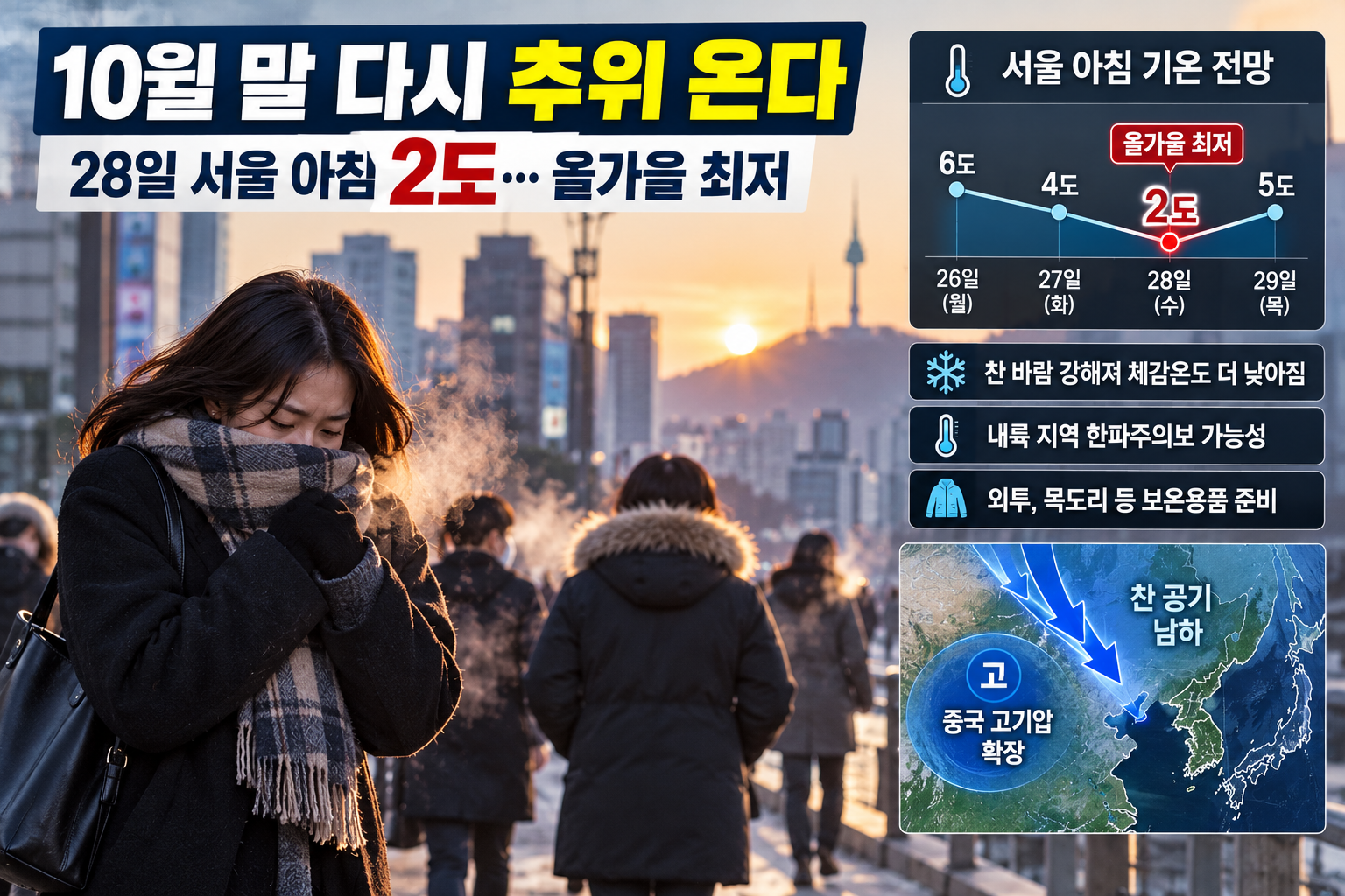 2026년 10월 28일 서울 아침 기온 2도 전망에 대비해 따뜻한 외투를 입은 시민들
