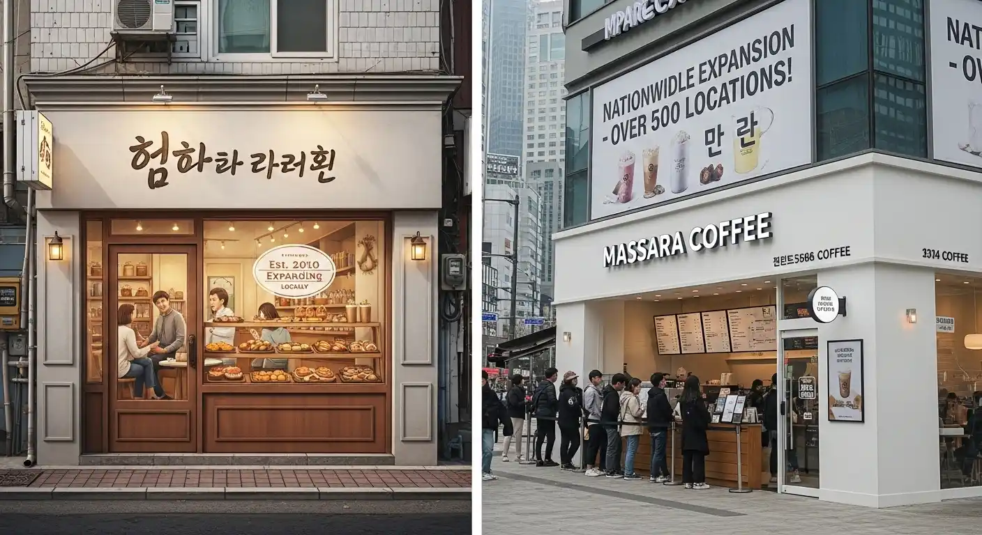 <img src="expansion_strategy_comparison.webp" alt="프랜차이즈와 소상공인의 확장 전략과 운영 구조 비교">