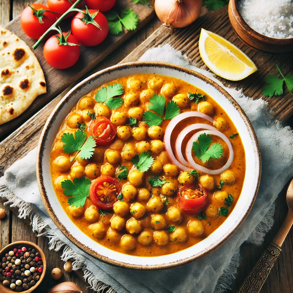비건 병아리콩 카레 - 병아리콩, 토마토, 양파, 코코넛밀크로 만든 건강한 한 끼 요리