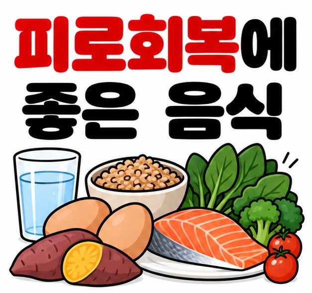 물 통곡물 달걀 생선 채소 아이콘 옆에 피로회복에 좋은 음식 문구를 크게 보여주는 대표 카드
