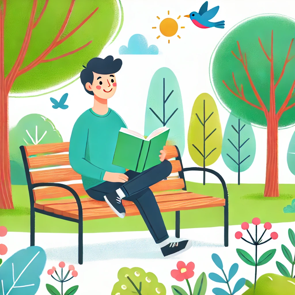 A peaceful and happy person sitting on a park bench, reading a book and enjoying nature.
