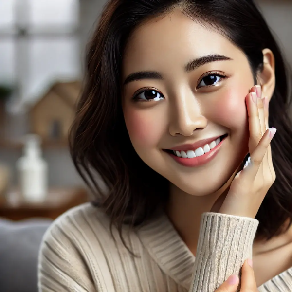피부 개선 후 밝게 미소 지으며 뺨을 만지는 동양인 여성의 모습