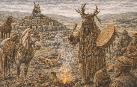 북몽골 쿠르간 유적에서 말 장식과 샤먼 제의가 이루어지는 장면