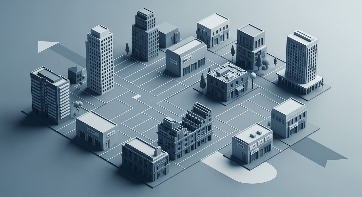 다양한 부동산 유형(아파트, 상업 건물, 토지, 재개발 건물)이 조화롭게 어우러지며, 분산 투자와 미래 가치를 시사하는 추상적인 일러스트. 블루-그레이 톤 사용.