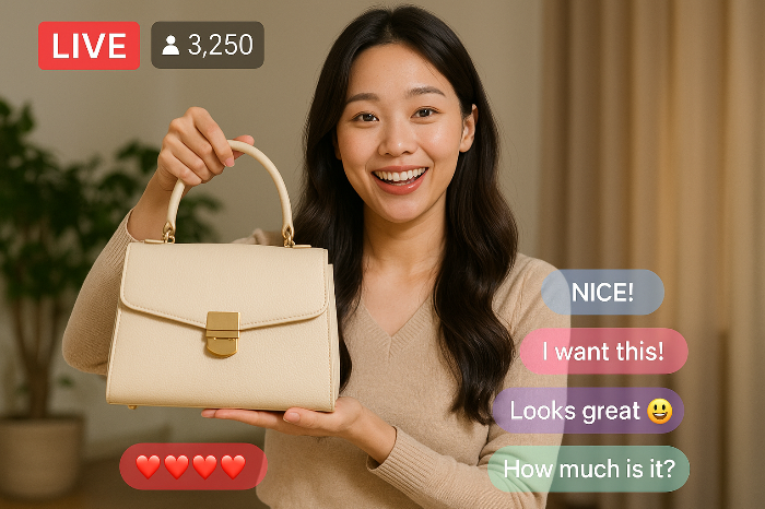 라이브 커머스 방송에서 상품을 소개하고 시청자의 채팅이 동시에 보이는 장면