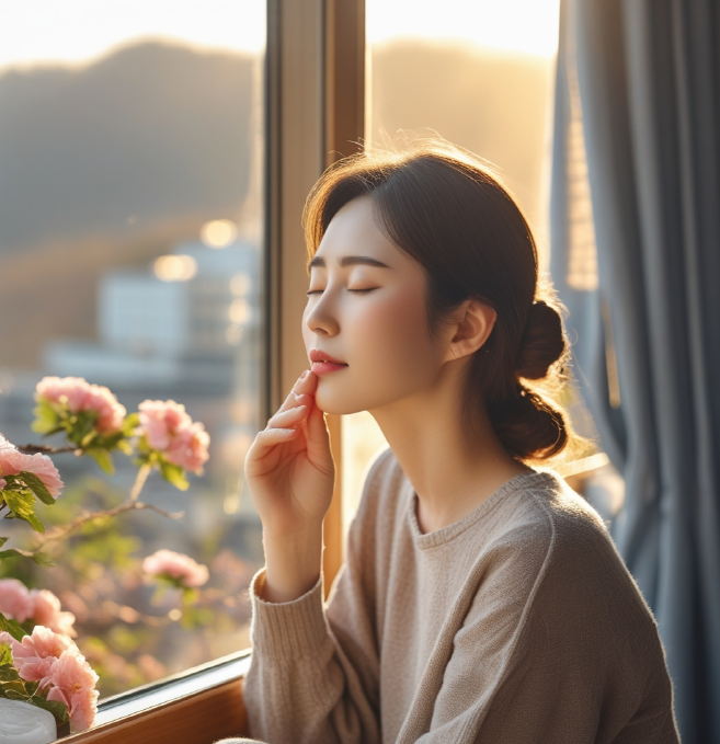 창가에서 깊은 숨을 쉬는 평온한 여성