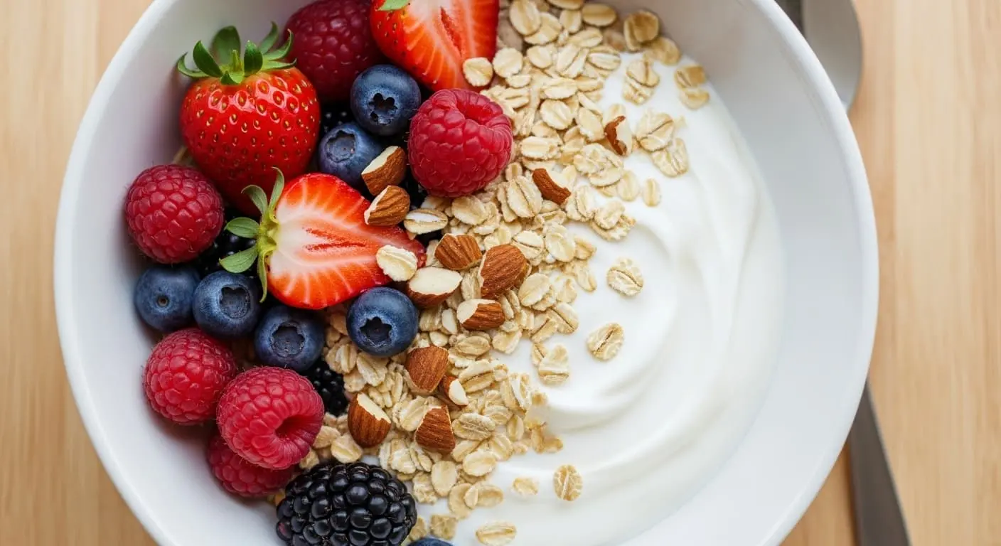 신선한 베리류와 견과류가 토핑된 먹음직스러운 오트밀 요거트볼. 바쁜 아침이나 다이어트 간식으로 제격인 건강한 모습.