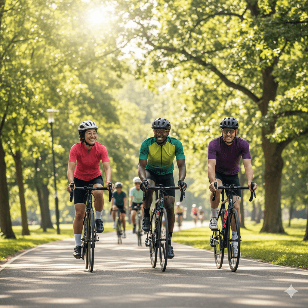 땀이 날 정도로 자전거를 타고 있는 사람들