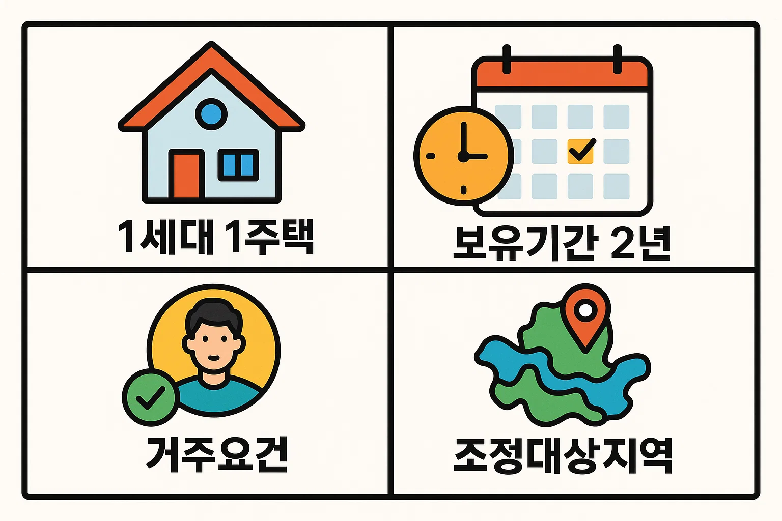 1세대1주택 양도소득세 비과세 조건으로 1세대 1주택 보유, 2년 이상 보유기간, 거주요건, 조정대상지역 관련 사항을 정리한 인포그래픽