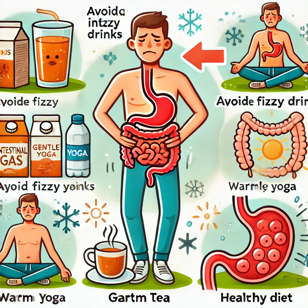 장내 가스를 줄이기 위한 노력을 표현한 이미지