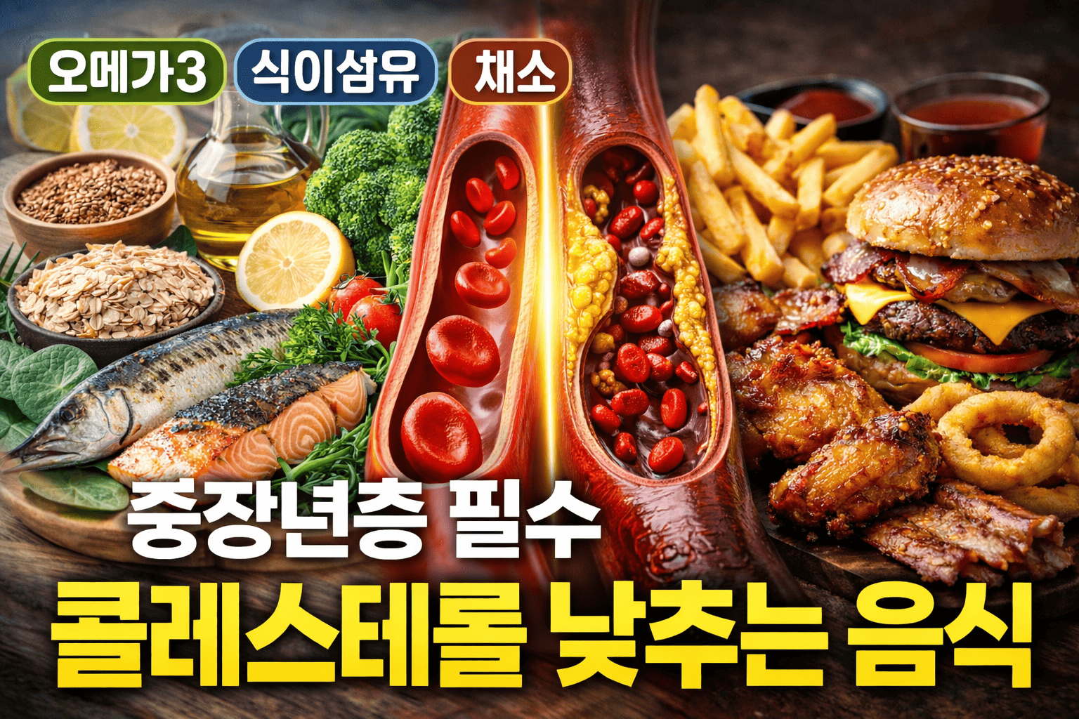 중장년층 필수 콜레스테롤 낮추는 음식 (오메가3, 식이섬유, 채소)