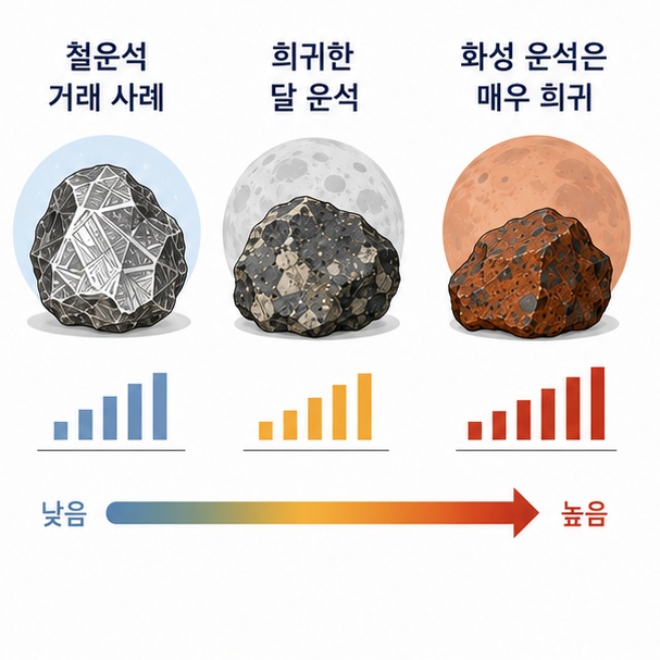 일반적인 철운석과 희귀한 달 운석, 화성 운석은 거래가격의 차이가 매우 클 수 있음을 보여주는 그림