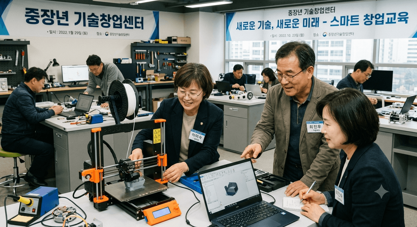 중장년 기술창업센터에서 새로운기술을 익히는 모습