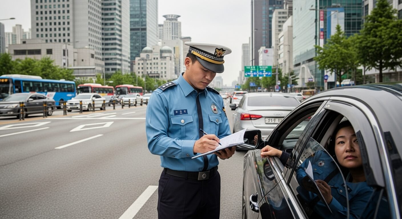 도심 도로에서 여성 운전자에게 교통 고지서를 발부 중인 경찰