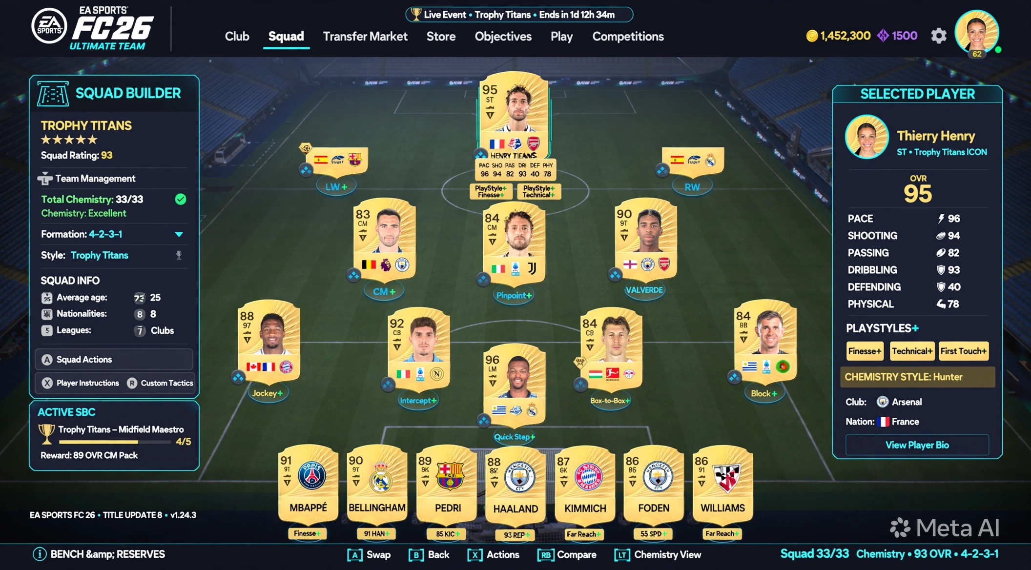 EA SPORTS FC 26 얼티밋 팀 화면에서 선수 카드를 확인하는 장면