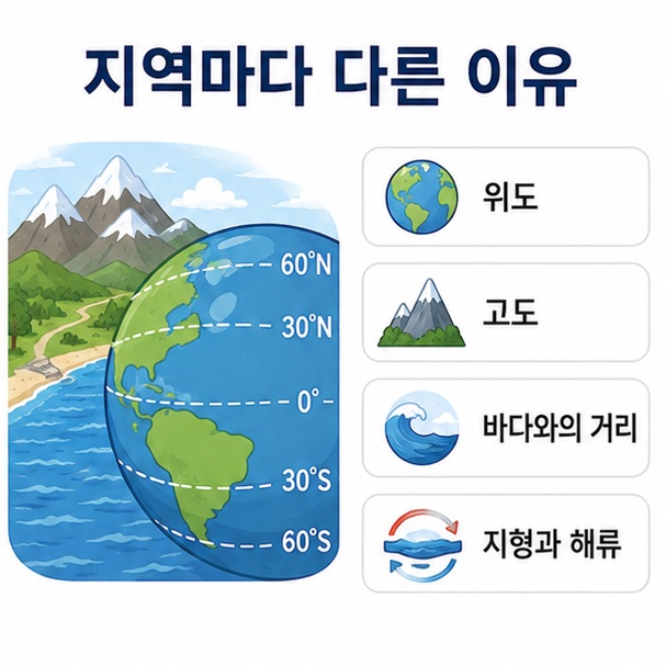지역별 기후 차이가 위도와 고도, 바다와의 거리, 지형과 해류의 영향을 받아 나타난다는 내용을 설명한 이미지