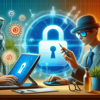 해커가 노트북을 해킹하는 장면과 보안 자물쇠 아이콘