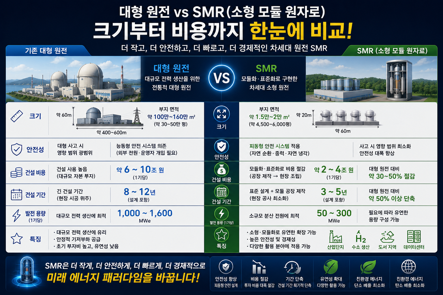 대형 원전 대비 SMR의 특장점 및 경제성 비교 인포그래픽