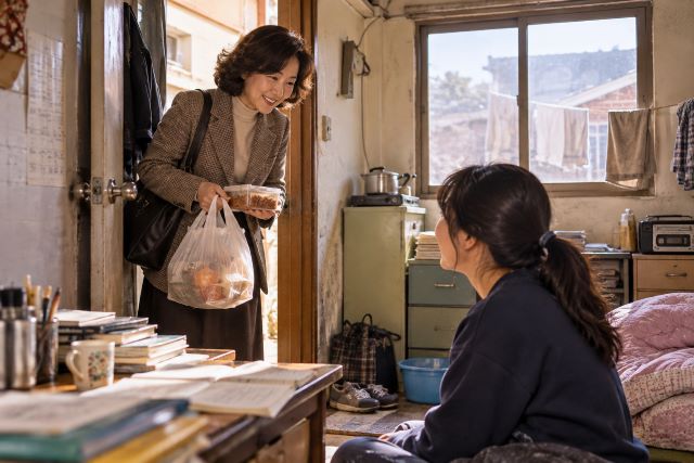 1980년대 자취하는 학생의 방을 방문해 반찬과 먹을거리를 챙겨주는 여성 교사의 모습