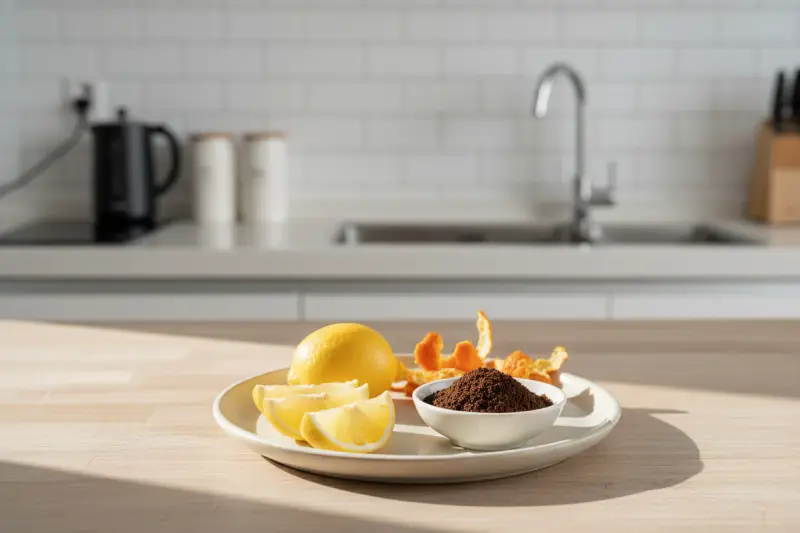 전자레인지 냄새 제거를 위한 레몬, 커피 찌꺼기, 귤껍질