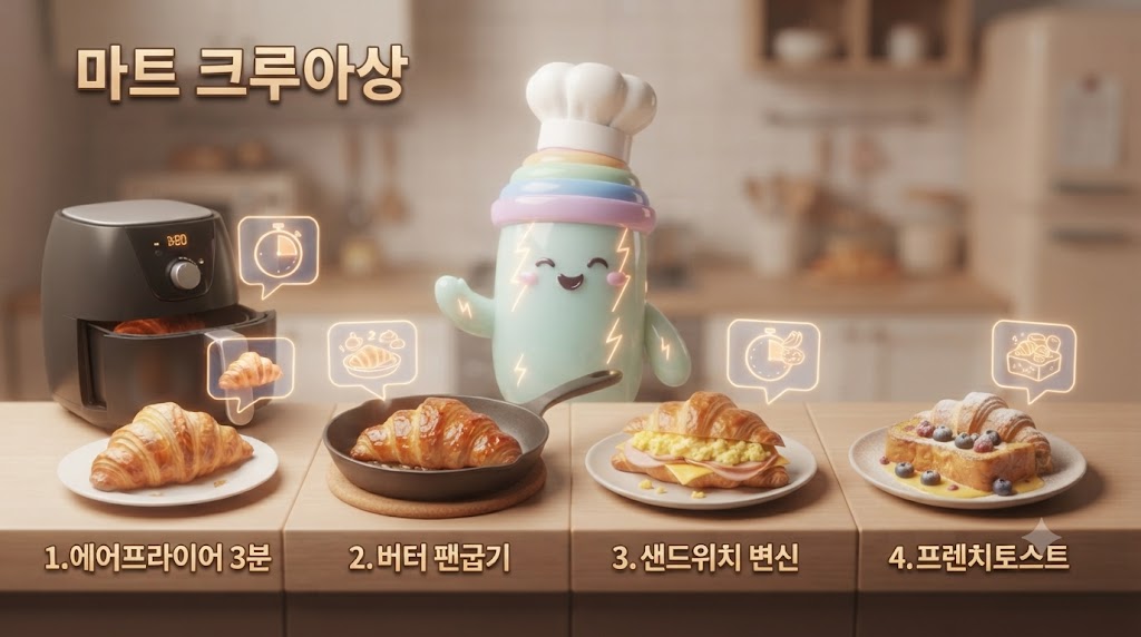 3D 쫀쿠의 '홈 베이킹 스튜디오'입니다. 테이블 위에는 밋밋했던 마트표 크루아상이 네 가지 방법으로 화려하게 변신해 있습니다. 왼쪽 상단은 '에어프라이어에 굽기', 오른쪽 상단은 '버터 발라 프라이팬에 굽기', 왼쪽 하단은 '햄치즈 스크램블 샌드위치', 오른쪽 하단은 '과일 프렌치토스트'로 재탄생한 모습이 입체적이고 먹음직스럽게 표현되었습니다.