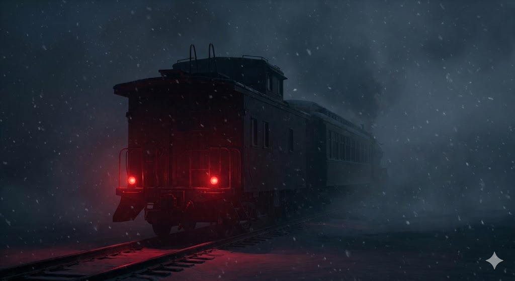 Rear view of a night train disappearing into the darkness, leaving only red taillights behind on a foggy late night.