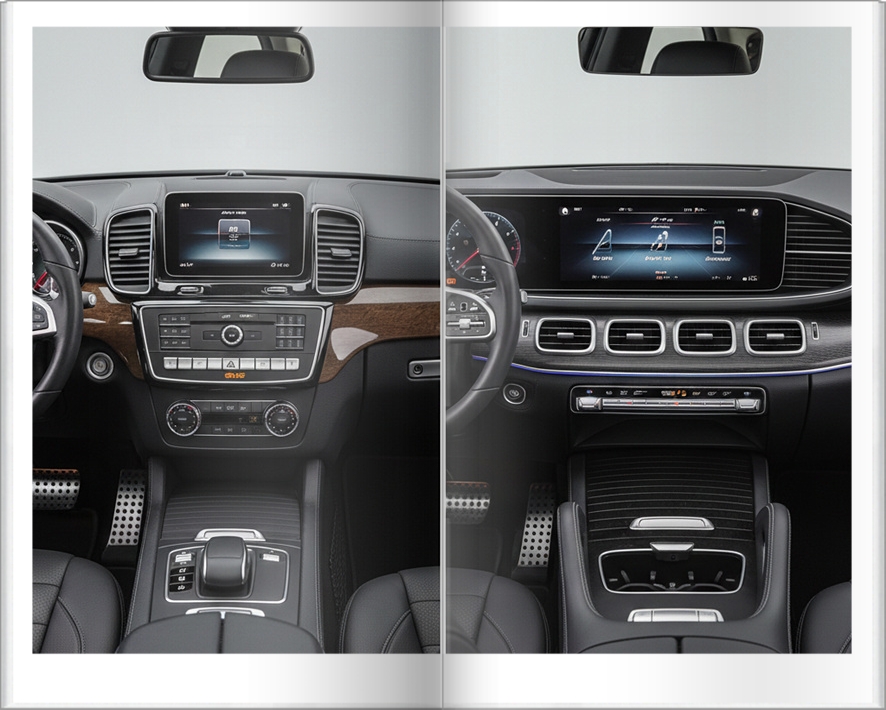 벤츠 GLE W166 클래식 버튼식 센터페시아와 V167 와이드 콕핏 디스플레이 비교