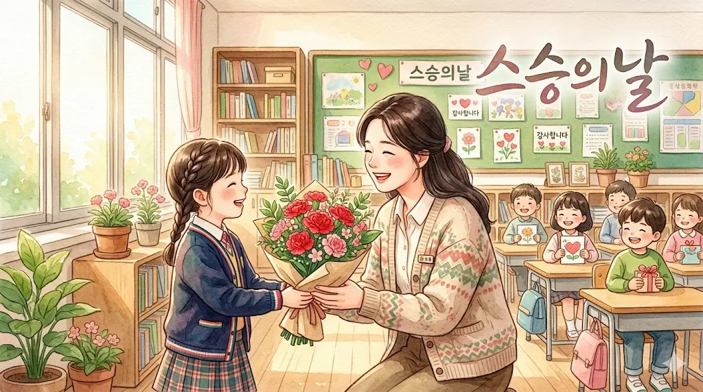 스승의 날을 기념하는 따뜻한 분위기의 수채화풍 일러스트