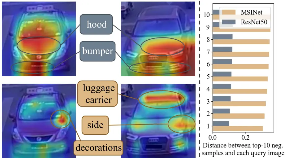 Figure 1. The left panel shows the example activation maps of ResNet50 (1st row) and MSINet (2nd row). The right panel shows the average distances between the most similar 10 negative samples and each query image at the inference. Best viewed in color.