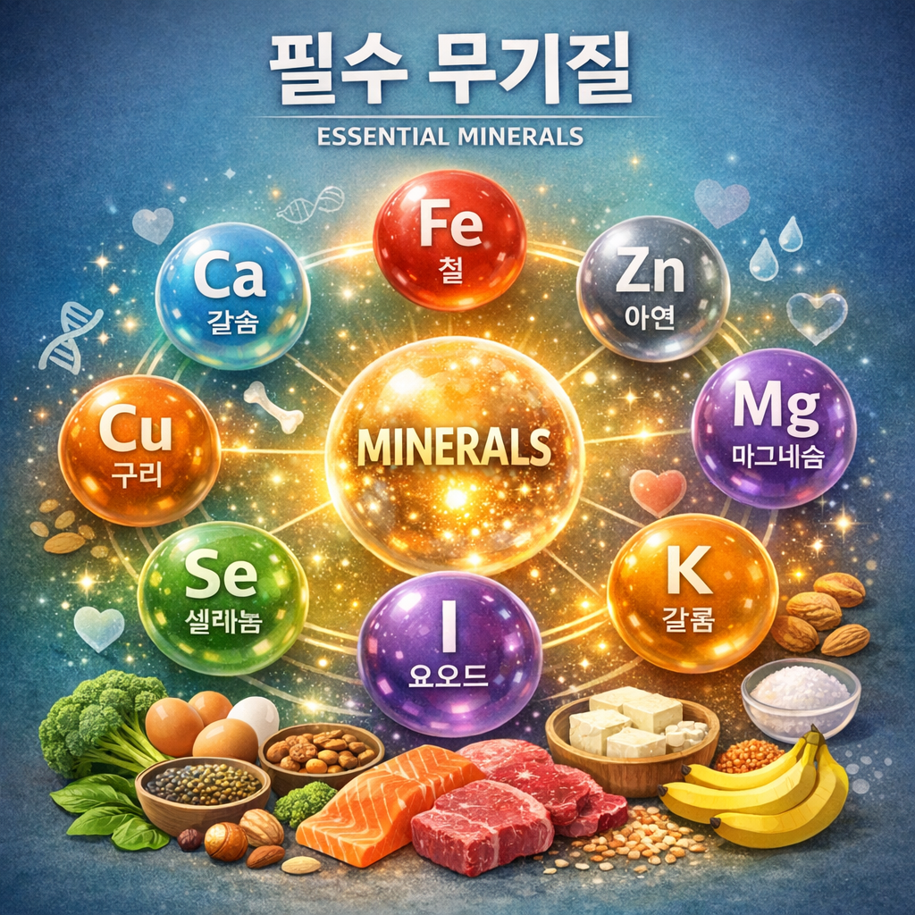 필수 무기질(칼슘&middot;철&middot;아연&middot;마그네슘&middot;칼륨&middot;요오드&middot;셀레늄&middot;구리)과 각 무기질의 주요 식품 공급원을 아이콘 형태로 한눈에 보여주는 건강 인포그래픽 이미지