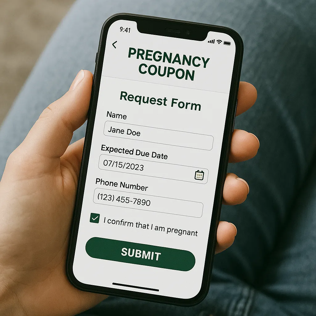 임산부 쿠폰 신청 화면이 보이는 스마트폰
