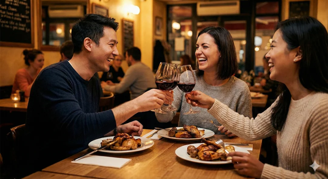 행복하게 식사하며 건배하는 사람들의 모습