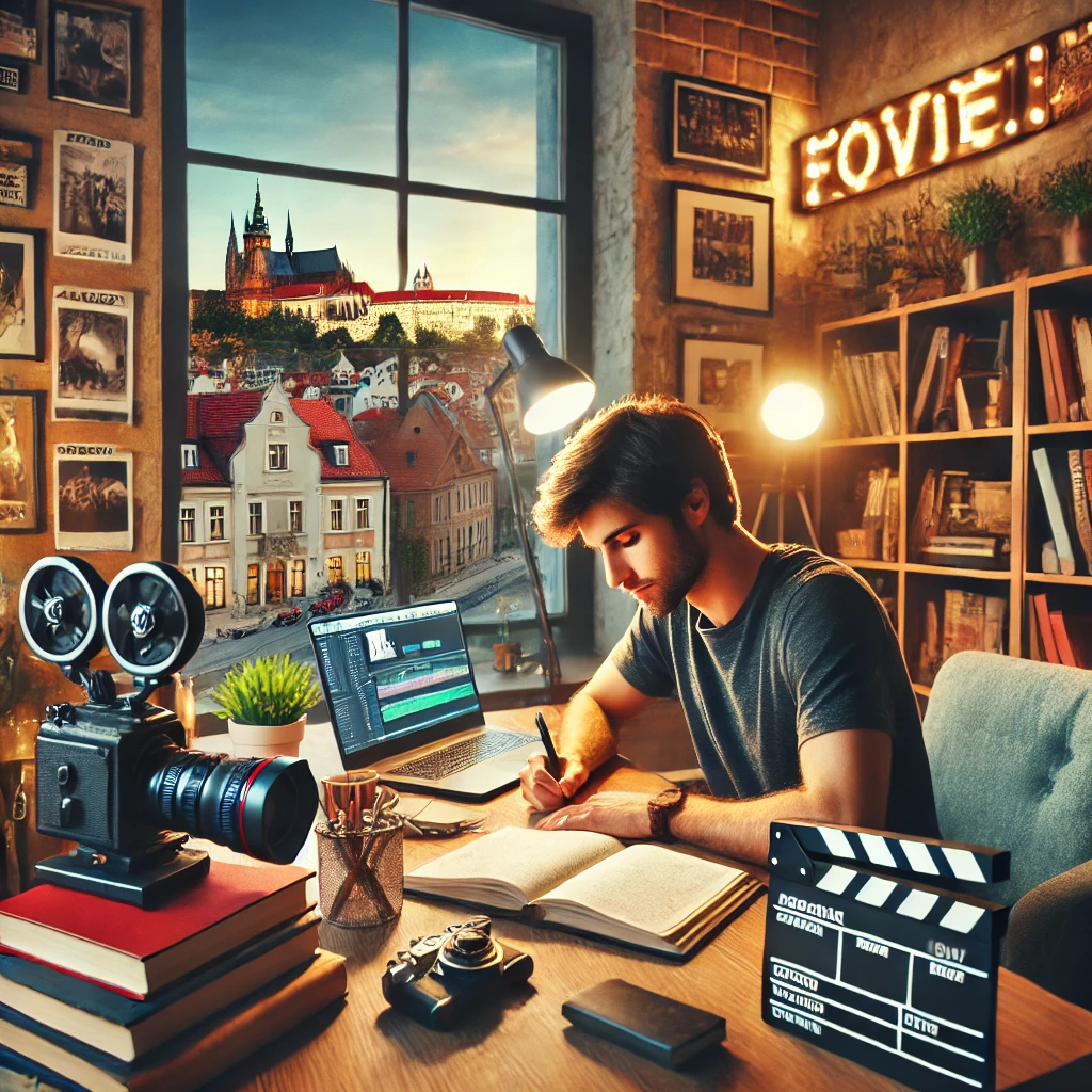 남자가 유럽에서 영화감독이 되기 위해서 공부하고 있는 사진