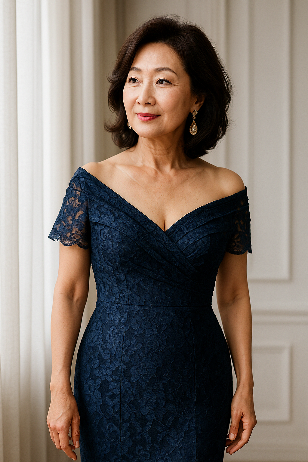 남색 드레스를 입은 중년 여성