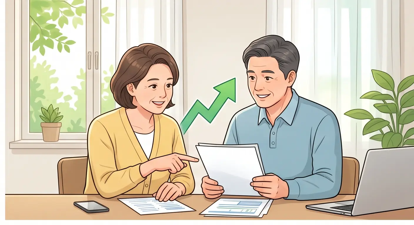 국민연금 관련 서류와 노트북을 보며 연금 인상 혜택을 상의하는 중장년 부부 일러스트