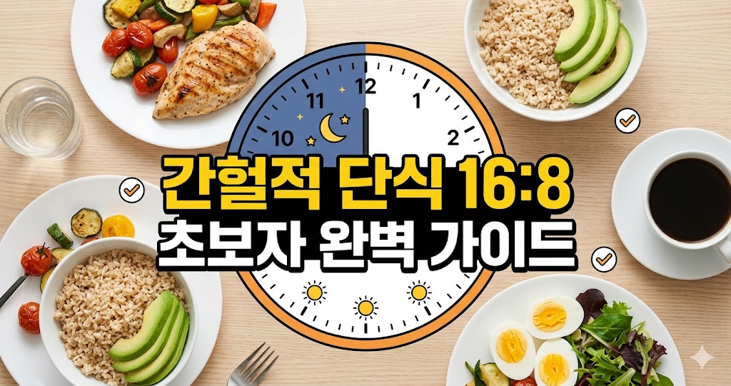 16시간 공복(파란색)과 8시간 식사 시간대(주황색, 12PM-8PM)로 나뉜 직관적인 간헐적 단식 시간표 인포그래픽 이미지