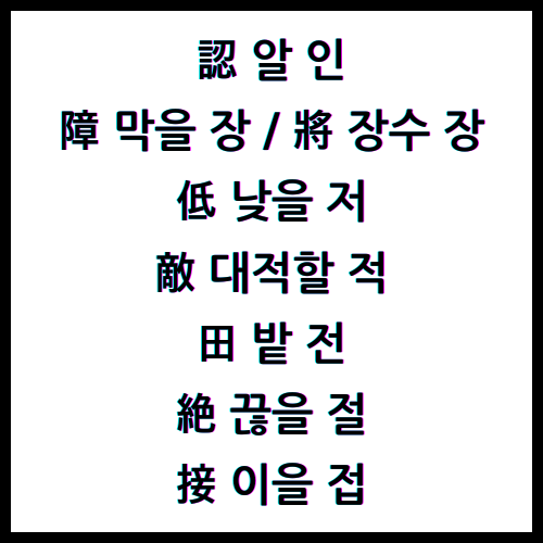 認 알 인 / 障 막을 장 / 將 장수 장 / 低 낮을 저 / 敵 대적할 적 / 田 밭 전 / 絶 끊을 절 / 接 이을 접 / 4급II한자
