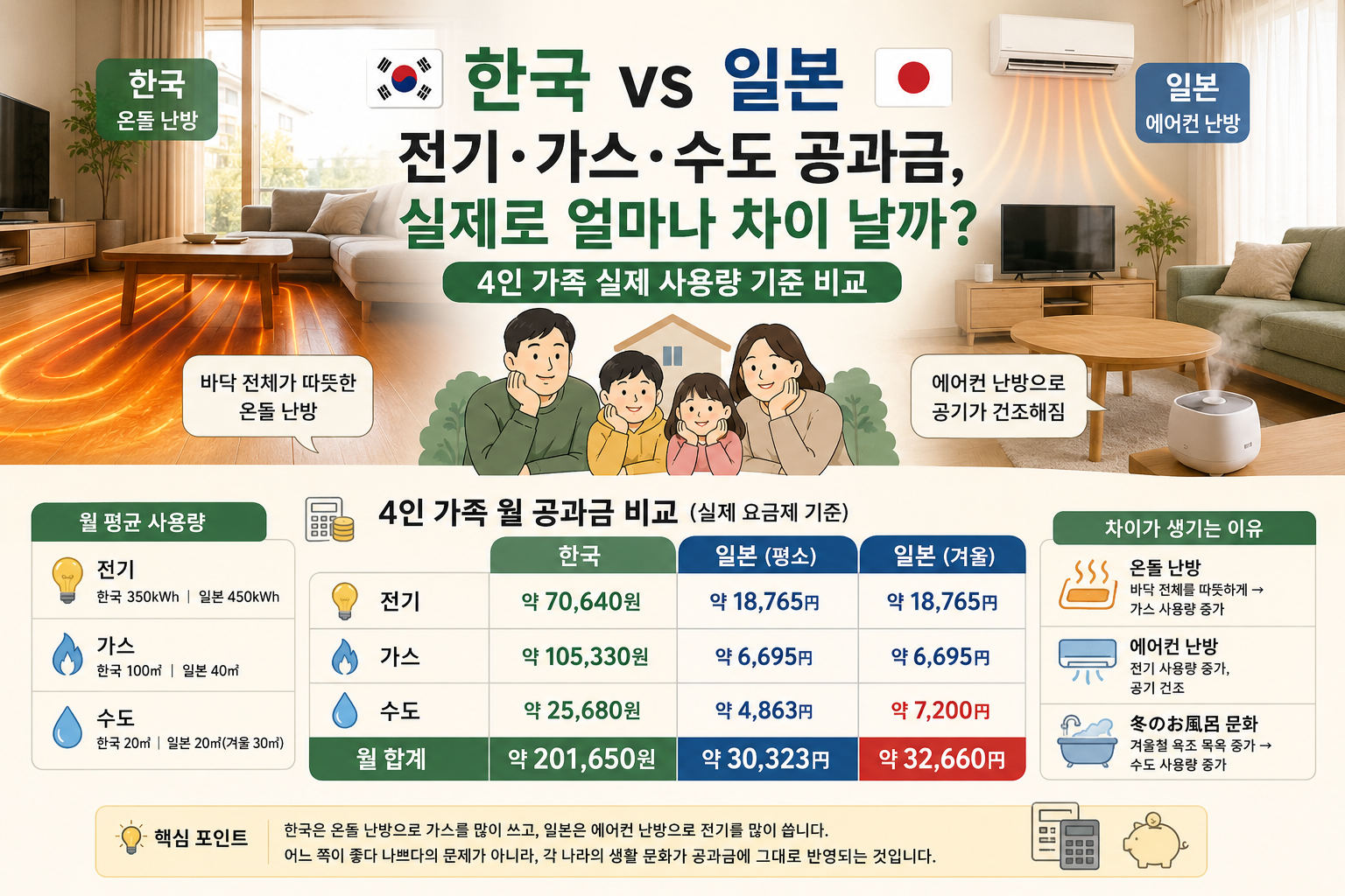 한국과 일본의 전기_가스_수도 공과금 금액비교
