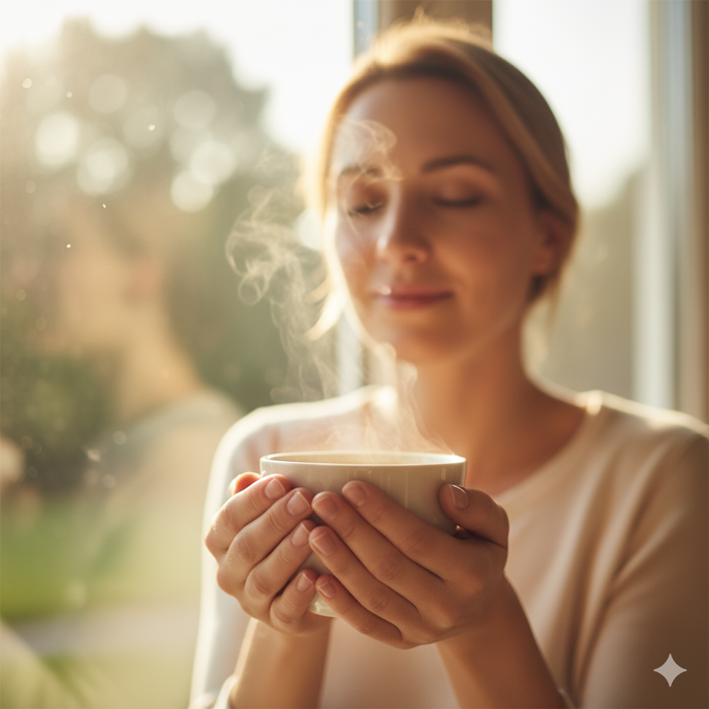 창가 햇살 아래, 20대 여성이 두 손으로 따뜻한 찻잔을 감싸 쥐고 눈을 감은 채 향기를 음미하는 손과 찻잔 중심의 클로즈업.