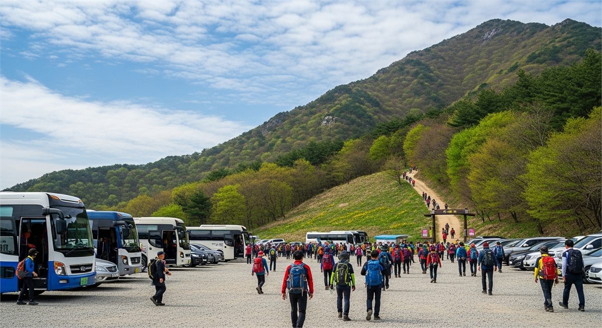 임시주차장과 교통 흐름을 보여주는 전경 