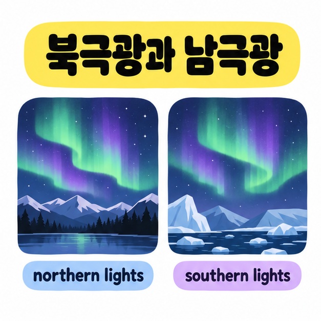 북극광과 남극광이라는 제목 아래 northern lights와 southern lights로 표시된 두 오로라 풍경을 비교한 그림