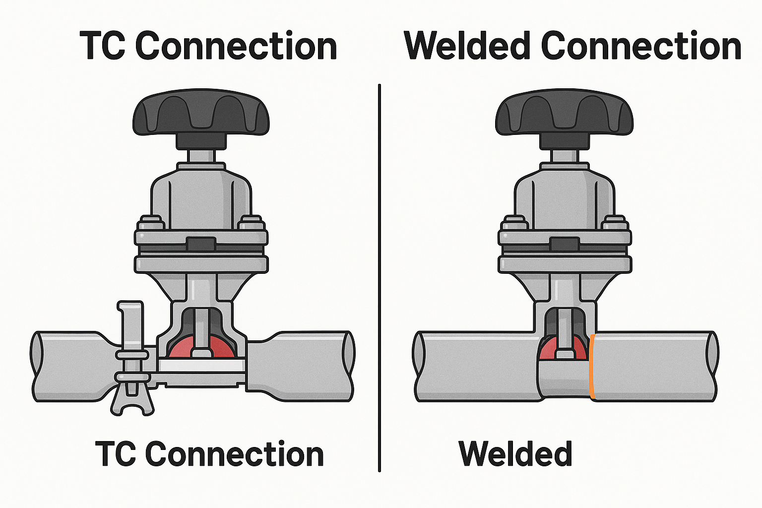 Digital illustration comparing Tri-Clamp (TC) and Welded connections on diaphragm valves in pharmaceutical piping