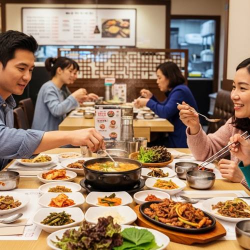 패밀리 레스토랑에서 식사하는 가족 사진