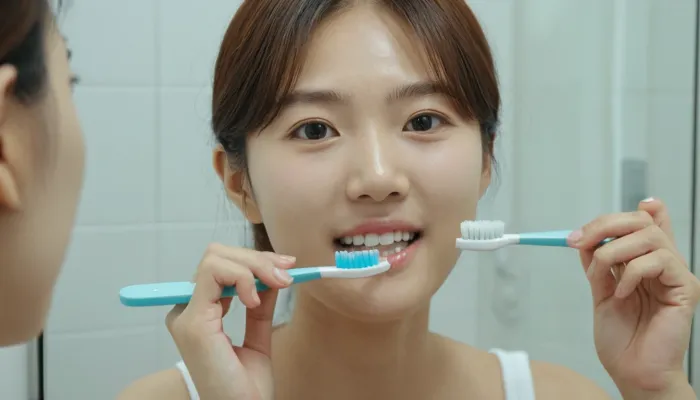 잇몸 염증 후 부드럽게 양치하는 모습